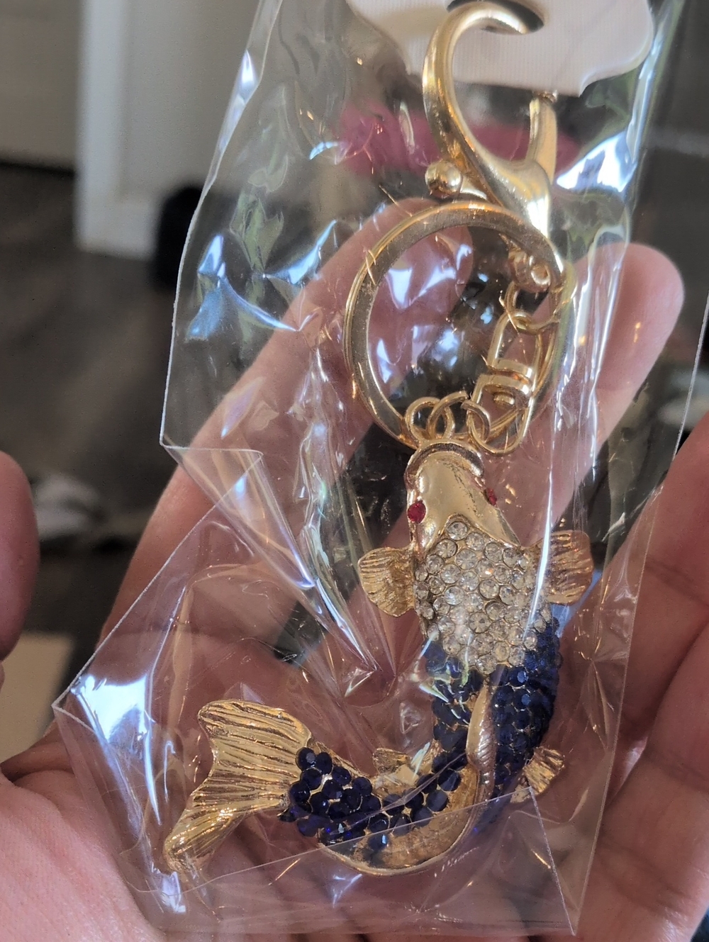 Fashion Jewelry Gold-tone Koi Fish Keychain with Blue and Clear Rhinestones